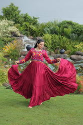 Attractive Maroon Reyon Kutchi Work Gown